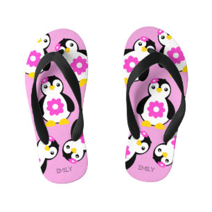 Chanclas Para Niños Pingüinos con flores rosadas