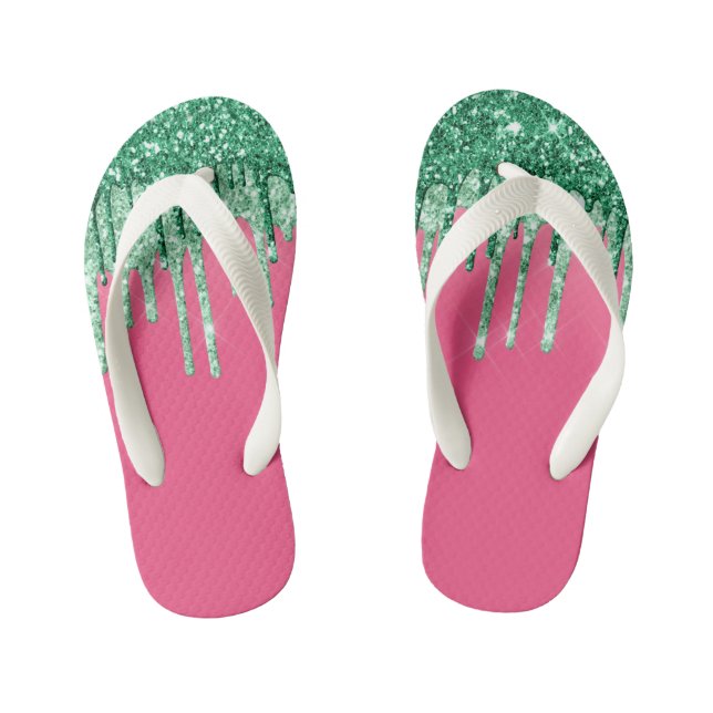 Chanclas Para Niños Purpurina brillante verde y rosa goteando sandía (Plantilla)