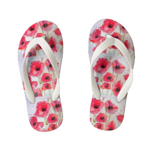 Chanclas Para Niños Rojo Poppies amapola floral Watercolor Beach Thong