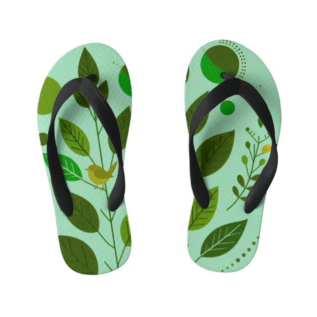 Chanclas Para Niños Un pequeño pájaro verde y hojas verdes (Plantilla)