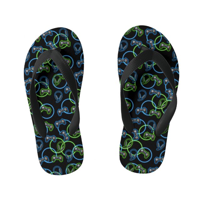 Chanclas Para Niños Videojuego Patrón Neon Blue & Green (Plantilla)