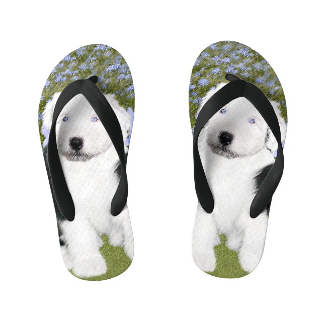 Chanclas Para Niños Viejo perro pastor inglés con pintura de cachorros (Plantilla)