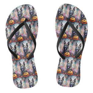 Chanclas Pastor belga de Halloween con calabazas temerosas
