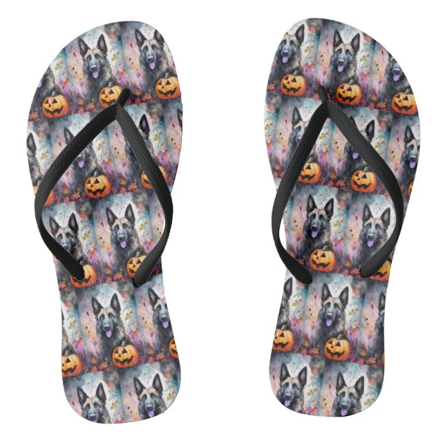 Chanclas Pastor belga de Halloween con calabazas temerosas (Plantilla)