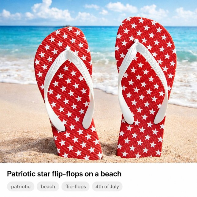 Chanclas Patrióticas con Estrellas ("Patriotic star flip-flops on a beach")