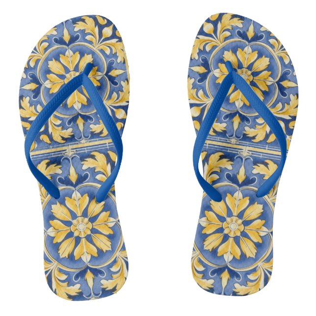 Chanclas Patrón Botánico Mediterráneo - Azul y Amarillo (Plantilla)