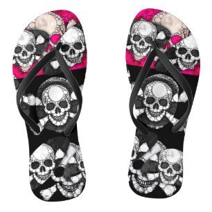 Chanclas Patrón de ángulo de cráneo negro rosado