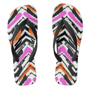 Chanclas Patrón De Chevron Dibujado A Mano Negra, Naranja