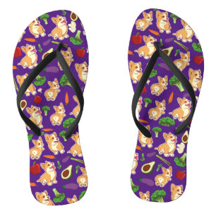 Chanclas Patrón de comida de verduras y Corgi lindo  Púrpur