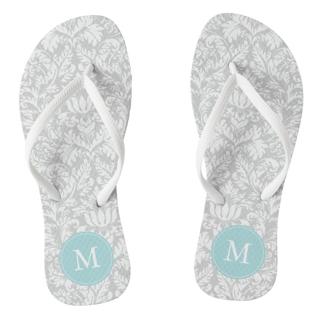 Chanclas Patrón de Damasco azul gris y claro monogramado (Plantilla)