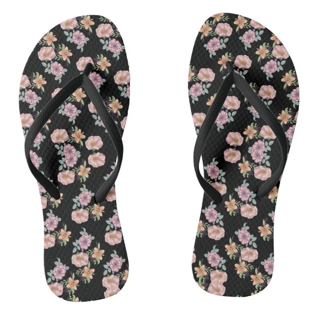 Chanclas Patrón de impresión floral rosa sobre negro (Plantilla)
