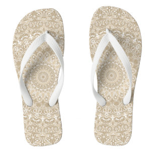 Chanclas Patrón de Mandala Ornamental Caqui y Blanco