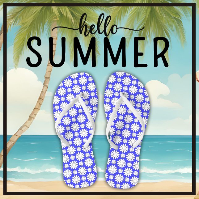 Chanclas Patrón de margarita floral suave verano azul y bla (Say Hello Summer with these cute floral daisy pattern blue and white flip flops.)