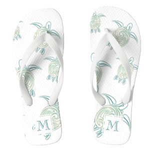 Chanclas Patrón de tortugas marinas Monograma verde blanco