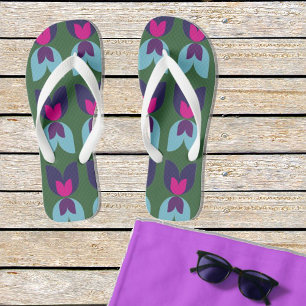 Chanclas Patrón de tulipanes dobles en flops de giro verde