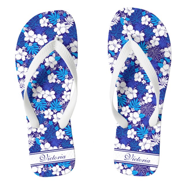 Chanclas Patrón Flora azul y blanca Añadir nombre personali (Plantilla)