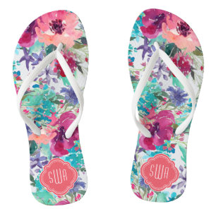 Chanclas Patrón floral de color acuático colorido con monog