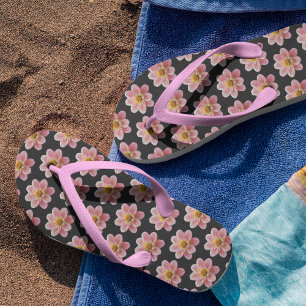 Chanclas Patrón floral de dalia de collar rosa sobre negro
