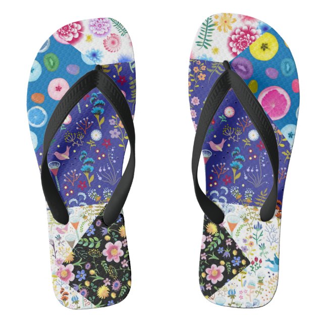 Chanclas Patrón floral de patchwork sobre fondo negro. Ve (Plantilla)