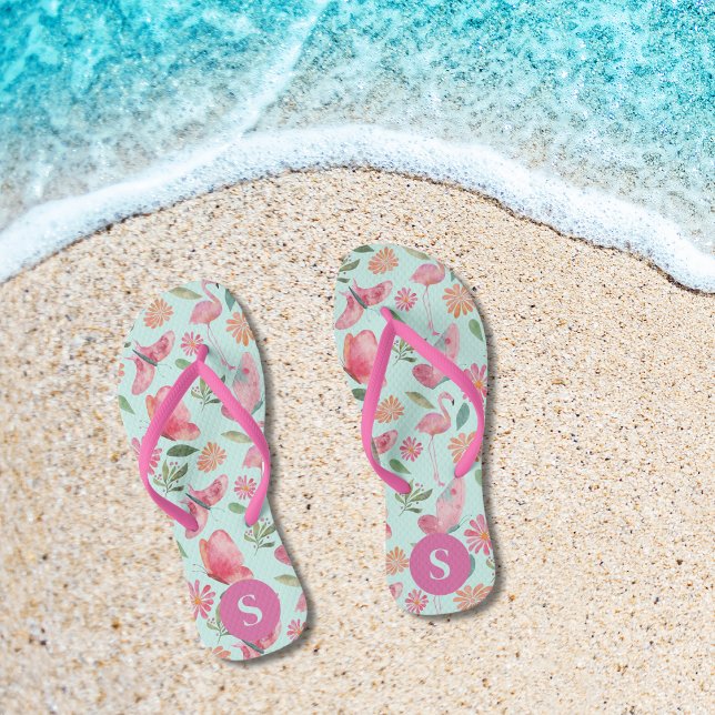 Chanclas Patrón floral tropical de flamencos rosados monogr (Subido por el creador)