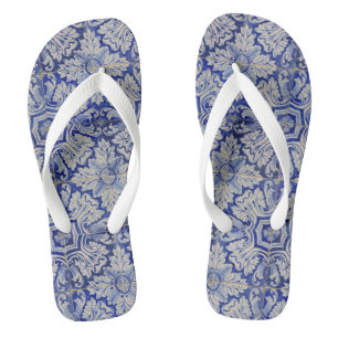 Chanclas Patrón floral vintage azul y blanco mediterráneo