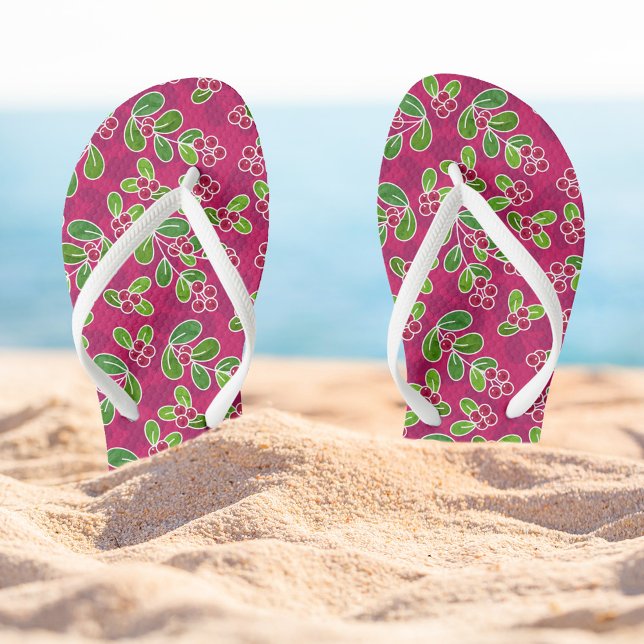 Chanclas Patrón Foliage de Cranberry Festial, Fuchsia (Holiday Cranberry Pattern Flip-flops)