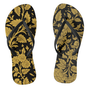 Chanclas Patrón negro de flores de oro antiguo indio con tr