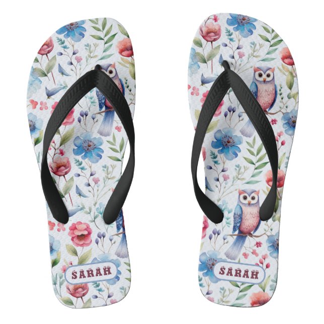 Chanclas Patrón sin soldadura de lechuza floral acuarela (Plantilla)