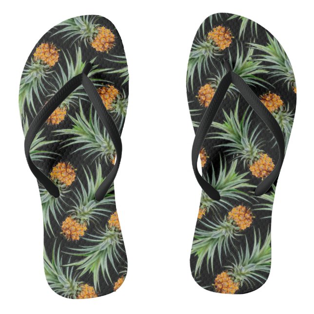 Chanclas Patrón Tropical de Piña en Negro (Plantilla)