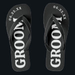 Chanclas Personalizado blanco y negro Boda Groom Flip Flops<br><div class="desc">¡Estas sandalias son perfectas para el próximo Groom! Personalizar con la fecha de boda.</div>