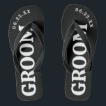 Chanclas Personalizado blanco y negro Boda Groom Flip Flops<br><div class="desc">¡Estas sandalias son perfectas para el próximo Groom! Personalizar con la fecha de boda.</div>