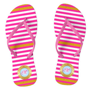 Chanclas Playa Monogramada de franjas doradas rosadas de ve