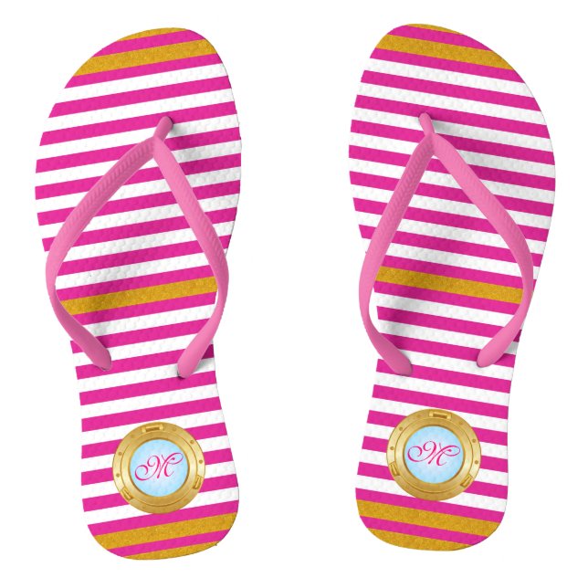 Chanclas Playa Monogramada de franjas doradas rosadas de ve (Plantilla)