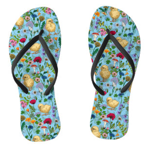 Chanclas Pollos y flores silvestres en azul bebé