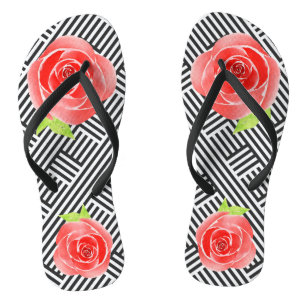 Chanclas Rayas Blancas y Negras Rosas Rojas