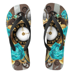 Chanclas Reloj de vapor y Rosas turquesa a rayas