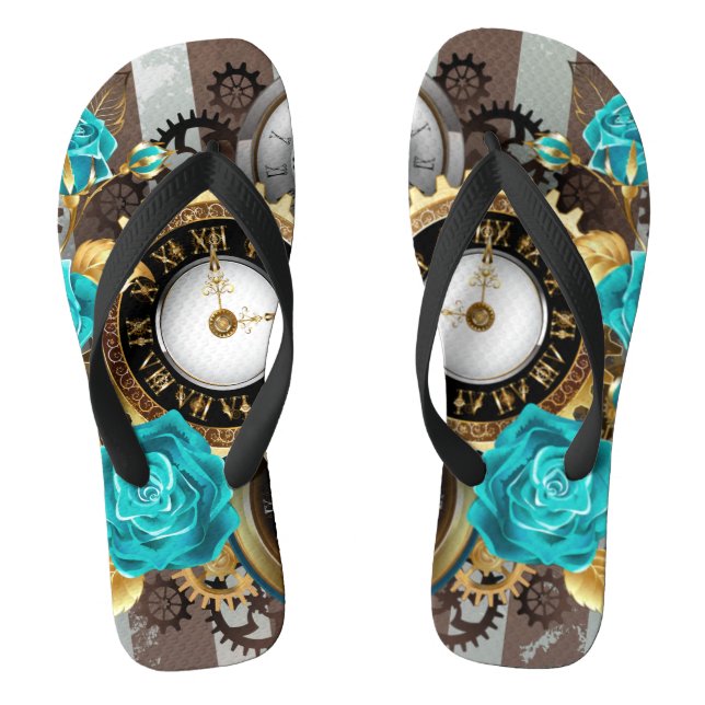Chanclas Reloj de vapor y Rosas turquesa a rayas (Plantilla)