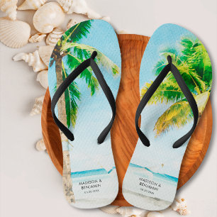 Chanclas Retro Azul Árboles de Palma de Playa Costera Océan