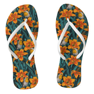 Chanclas Robins y flores de lirio, naranja y azul