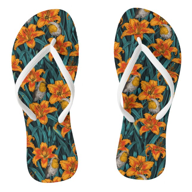 Chanclas Robins y flores de lirio, naranja y azul (Plantilla)