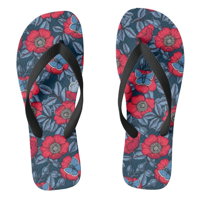 Chanclas Rosa de perro y mariposas en azul y rojo (Plantilla)