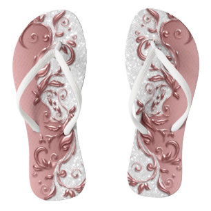 Chanclas Rosa Purpurina blanco y floral metálico