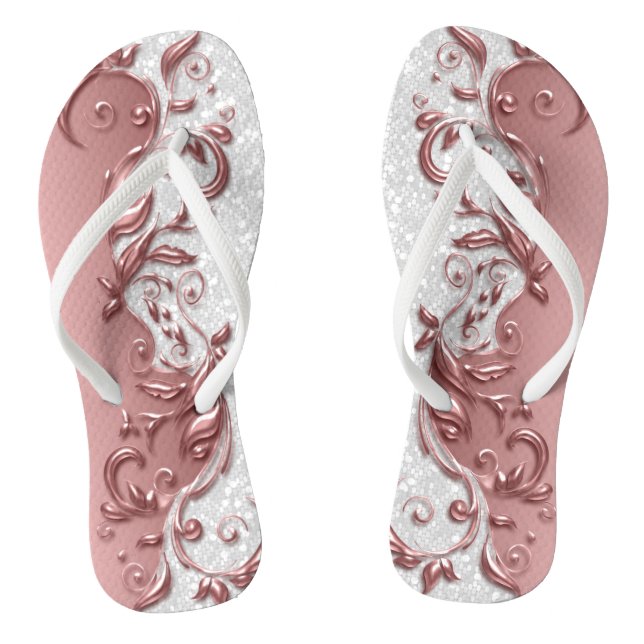 Chanclas Rosa Purpurina blanco y floral metálico (Plantilla)
