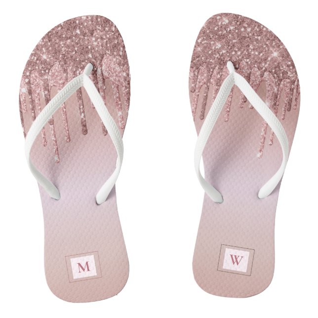 Chanclas Rosa Purpurina de Oro Monogrammed Girly (Plantilla)