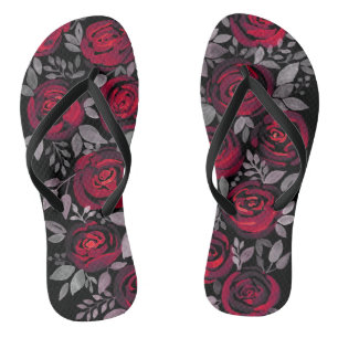 Chanclas Rosas acuarelas, rosas rojas sobre negro