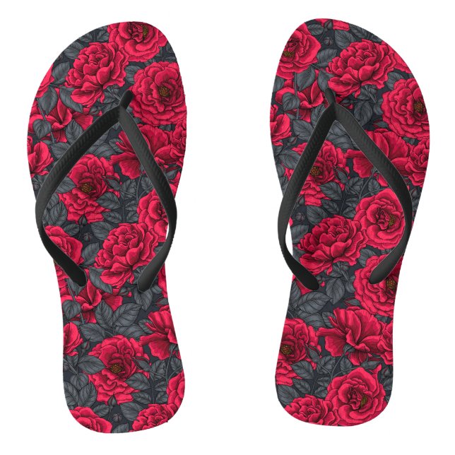 Chanclas Rosas rojas con hojas grises en negro (Plantilla)