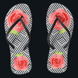 Chanclas Rosas rojas de franjas blancas negras<br><div class="desc">FLIP FLOPS para MUJERES o HOMBRES con un diseño personalizado de rosas rojas sobre un fondo de rayas diagonales en blanco y negro en caja. Diversión por cada día o uso para un fiesta del Día de Derby, ducha de novia o diversión por regalo de fiesta nupcial. COINCIDIENDO con los...</div>