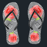 Chanclas Rosas rojas de franjas blancas negras<br><div class="desc">FLIP FLOPS para MUJERES o HOMBRES con un diseño personalizado de rosas rojas sobre un fondo de rayas diagonales en blanco y negro en caja. Diversión por cada día o uso para un fiesta del Día de Derby, ducha de novia o diversión por regalo de fiesta nupcial. COINCIDIENDO con los...</div>