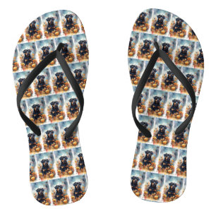 Chanclas Rottweiler de Halloween con calabazas aterradoras