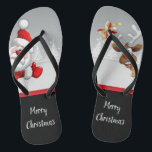 Chanclas Santa Rudolf Personalizado Merry Christmas<br><div class="desc">Un fabuloso diseño Navidad de Santa Claus y Rudolph mirando a la vuelta de la esquina y la tipografía de "Feliz Navidad" en el fondo,  separados por una festiva línea roja. #Navidades #feriado #santa #renos #mono #moda</div>